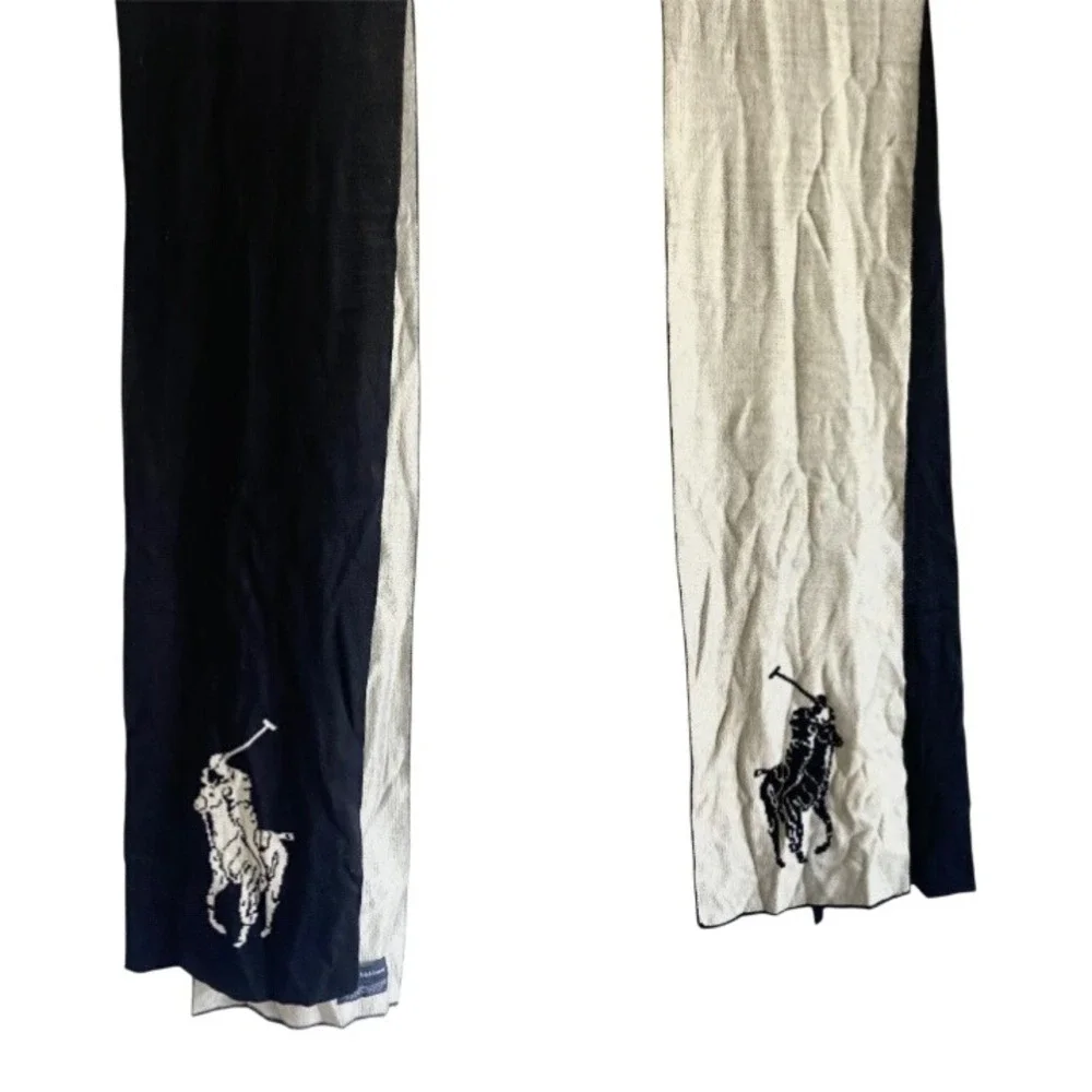 Polo Ralph Lauren Merino Wool Scarf Black Cream Big Pony Logo 9x72 Reversible